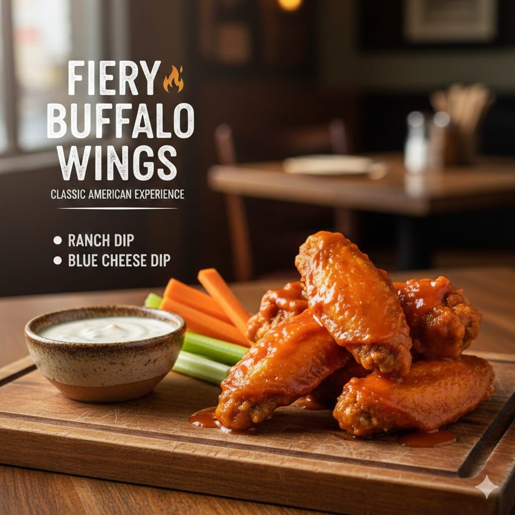 Fiery buffalo wings with ranch and blue cheese dip
